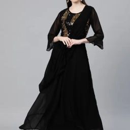Cottinfab Black Embellished Maxi Georgette Dress-image-5