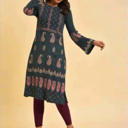 W Blue Printed Straight Winter Kurta-image-97