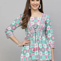 QOMN Sea Green Cotton Floral Print Top-picture-10
