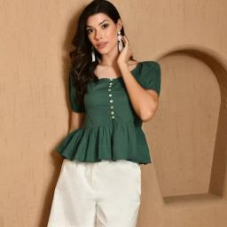 DECKEDUP Green Cotton Solid Short Sleeves Top-image-50