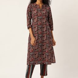 Sangria Women Coffee Brown & Blue Printed Kurta with Trousers-image-8