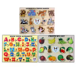 Enjunior Box Wooden Alphabets Animals and Fruits Puzzle with Knobs Multicolour - 50 Pieces-24