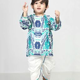 Polka Tots Full Sleeves Angrakha Kurta With PyjamaSetPeacock Print- White-image-4