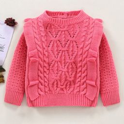 Babyhug Cotton Full Sleeves Cable Knit Sweater - Pink-image-76