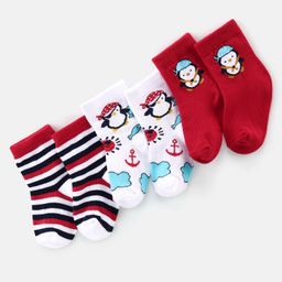 Cute Walk By Babyhug Anti-Bacterial Ankle Length Socks Stripes & Penguin Design Pack Of 3 - Multicolor-image-42