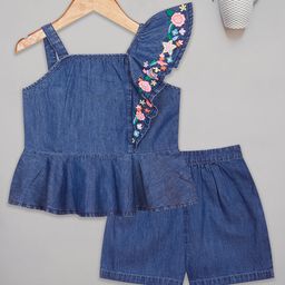 Budding Bees Sleeveless Floral Embroidered Denim Top & Shorts Set - Blue-image-4