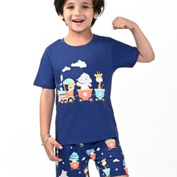 Babyhug Cotton Knit Half Sleeves Animal Printed Night Suit - Navy-image-10