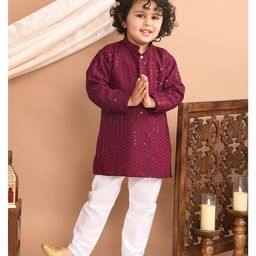 Superminis Full Sleeves Sequin Embellished Kurta With Pyjama - Wine-image-79