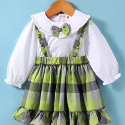 ToffyHouse Poplin Knit Full Sleeves Checkered Top & Skirt Set With Bow Applique - Green & White-picture-25