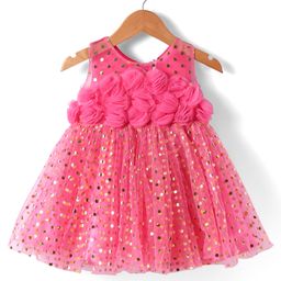 Babyhug Woven Sleeveless Foil Printed Fit & Flared Textured Party Mesh Dress with Floral Appliques on Yoke - Neon Pink-image-32