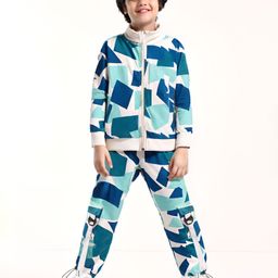 Ollington St. Cotton Knit Full Sleeves Front Open Abstract Printed Sweatshirt & Cargo Joggers Co-Ord Set - Teal Blue-image-78