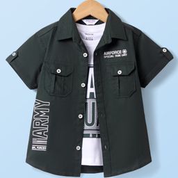 Smarty Boys Cotton Knit Half Sleeves Text Printed Shirt with T-Shirt - Olive Green-image-40