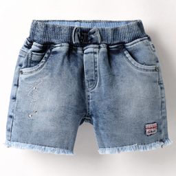 Olio Kids Knit Above Knee Length Denim Shorts With Pearl Detailing & Bow Applique - Light Blue-picture-35