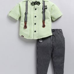 LITTLE COLLARS Full Sleeves Solid Shirt With Striped Pant & Suspender Bow - Green-image-25
