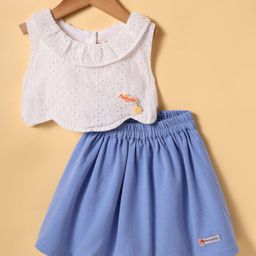 Dew Drops Cotton Woven Sleeveless Solid Top & Skirt Set With Applique - White & Blue-image-5