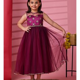 Toy Balloon Kids Net Sleeveless Beads Embellished & Stars Glitter Printed Dress - Purple-image-92