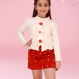 Cutecumber Full Sleeves Solid Crochet Button Detailed Top With Floral Embroidered Skirt Set - Cream-image-56