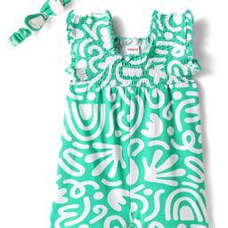 Babyhug Cotton Knit Sleeveless Printed Jumpsuit With Headband - Light Green-image-89