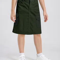 Pine Kids Cotton Woven Mid Calf Solid Skirt - Dark Olive Green-picture-10
