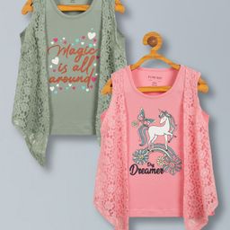 Plum Tree Pure Cotton Pack Of 2 Sleeveless Unicorn & MAgic Is All Round Glitter Printed Top With Attached Floral Lace Shrug Top - Coral & Green-image-81