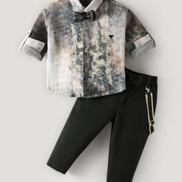 Dapper Dudes Full Sleeves Abstract Printed Shirt With Suspender Bow & Pant Set - Olive-image-22