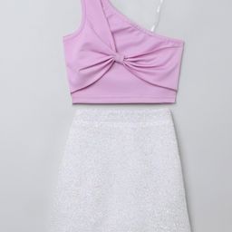 Taffykids Sleeveless One Shoulder Bow Detail Crop Top And Lurex Embellished Party Skirt Set - Lilac & White-image-20