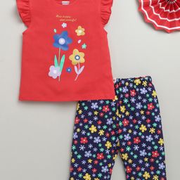 BUMZEE Cotton Cap Sleeves Floral Printed Top & Coordinating Capri Set - Navy Blue & Pink-image-1