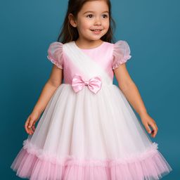 Babyhug Woven Half Puffed Sleeves Mesh Party Dress with Bow Applique - White & Pink-picture-17