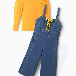 OLLINGTON ST. Stretchable Denim Dungaree & Half Sleeves Inner Top - Blue & Yellow-image-30