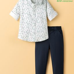Babyoye 100% Cotton Woven Full Sleeves Party Shirt & Trouser With Floral Print & Bow - White & Navy Blue-picture-12