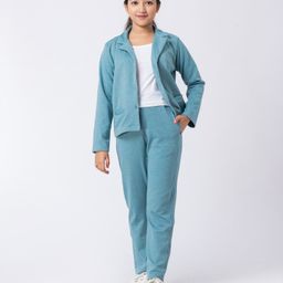 Taatoom Ponte Knit Solid Tank Top & Pant With Full Sleeves Coordinating Jacket Set - Blue-image-32
