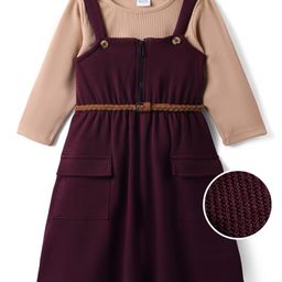 Hola Bonita Knit Full Sleeves Solid Color Dress With Ribbed Inner Tee & Belt - Wine-image-75
