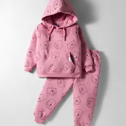 Teddy Fleece Knit Full Sleeves Hooded Winter Wear Suit Set With Kangaroo Pockets & Teddy Print - Pink-picture-30