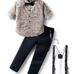 Dapper Dudes Full Sleeves Abstract Printed Shirt Pant With Bow & Suspender Set - Brown-picture-24