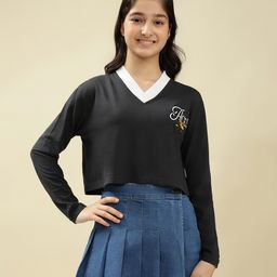 Lil Tomatoes Cotton Knit Full Sleeves Ace Text Printed Crop Top - Charcoal-picture-17