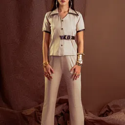 brown sugar Cotton Collar Neck Shirt With Trousers Co-Ords-21