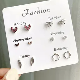 GOLDIWALA Set Of 6 Gold-Plated Cubic Zirconia Studded Heart Shaped Studs-8