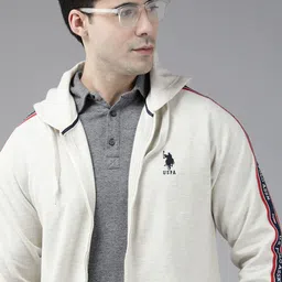 u.s. polo assn. U S Polo Assn Men Off White Brand Logo Embroidered Hooded Sweatshirt With Side Stripes image 1