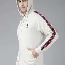 u.s. polo assn. U S Polo Assn Men Off White Brand Logo Embroidered Hooded Sweatshirt With Side Stripes image 4
