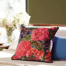 Pure Home and Living Blue & Red Floral Printed Velvet Square Cushion Covers-34