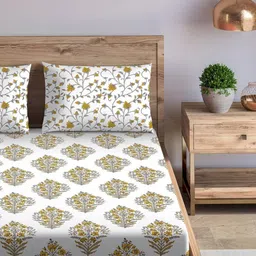 Trance Home Linen White & Yellow Floral 180 TC Single Bedsheet with 1 Pillow Covers-image-100