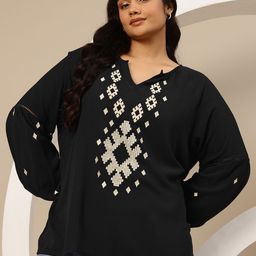 Sztori Plus Size Geometric Embroidered Lace Insert Raglan Sleeve Textured Top-image-49
