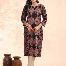 KALINI Floral Printed Notch Neck Pure Cotton Straight Kurta-image-61