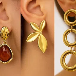 ISHTAARA Set Of 3 Stainless Steel Gold Plated CZ Studded Korean Contemporary Drop Earrings-picture-22