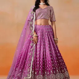 ETHNIC PLUS Embroidered Sequinned Semi-Stitched Georgette Lehenga & Blouse With Dupatta-image-71