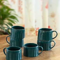 ExclusiveLane Teal 6 Pieces Textured Ceramic Glossy Cups 250ml Each-18