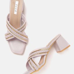 ELLE Lavender & Gold-Toned Stone Embellished Striped Woven Design Block Heels-42