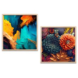 Kotart Blue & Yellow 2 Pieces Abastract Wooden Square Wall Arts-picture-31