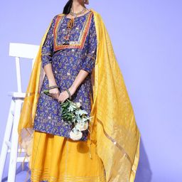 DIVASTRI Kalamkari Printed Round Neck Gotta Patti Straight Kurta With Skirt & Dupatta-image-37