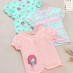 Babyoye Short Sleeves Cotton Vests Mermaid Cartoon Sea Life And Stripe Print Pack Of 3 - Pink Blue-picture-4